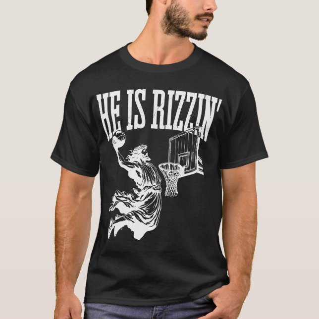 Funny Retro He Is Rizzin Christian Easter Playing  T-Shirt (Front)