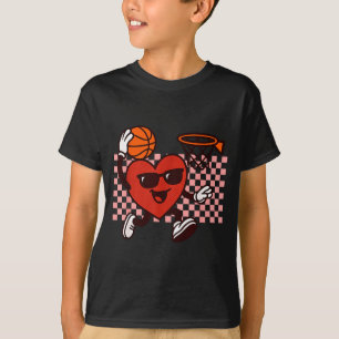 Funny Retro Heart Graphic Basketball Player Kids V T-Shirt