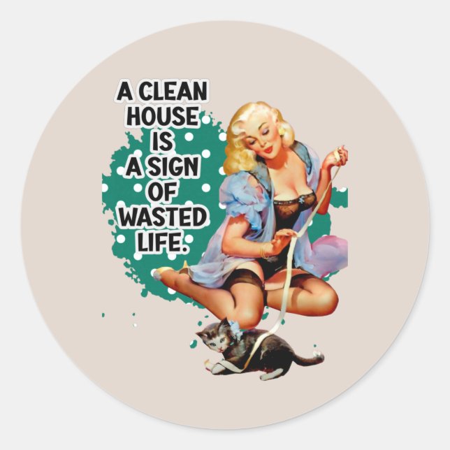 Funny Retro Housewife Pi-up Girl Art Classic Round Sticker (Front)