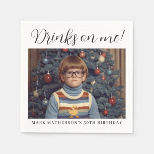 Funny Retro Photo Drinks on Me Adult Birthday Napkin
