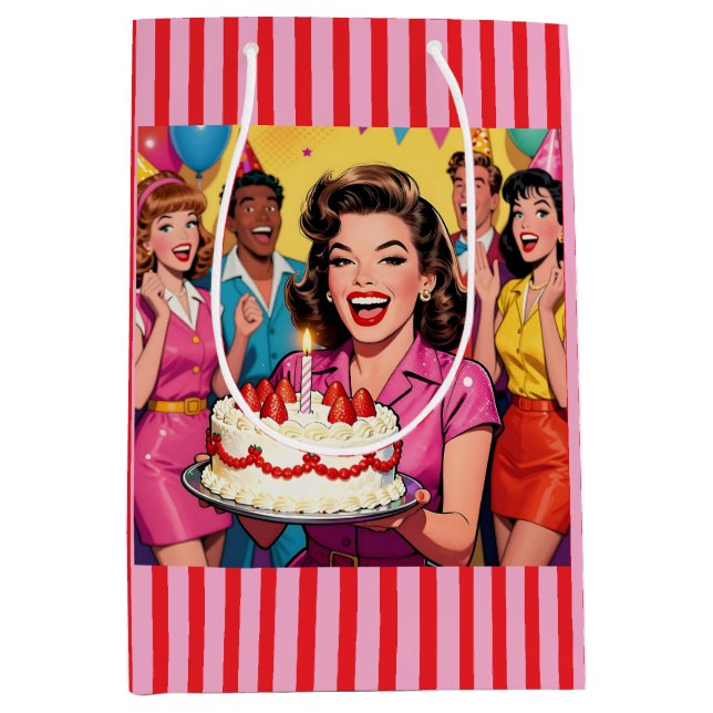 Funny Retro Pop Art Birthday Party Surprise Medium Gift Bag (Front)