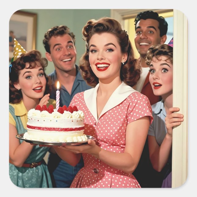 Funny Retro Pop Art Birthday Party Surprise Square Sticker (Front)