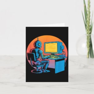 Funny retro robot coding computer screen Funny ret Card