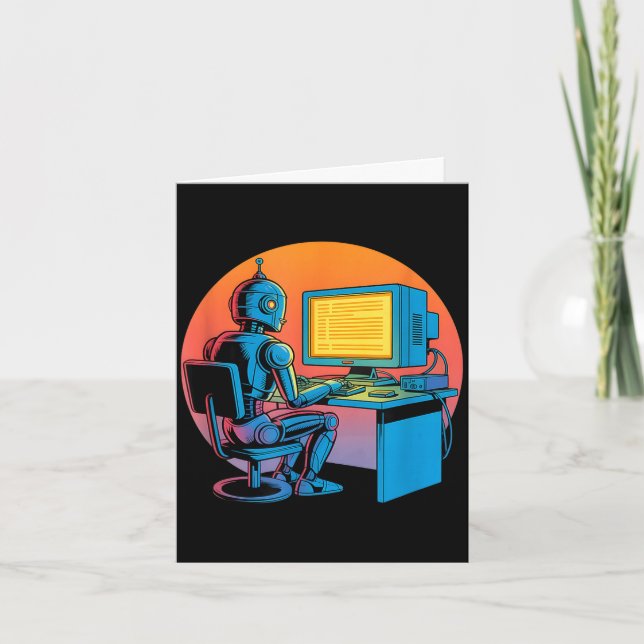 Funny retro robot coding computer screen Funny ret Card (Front)