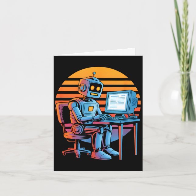 Funny retro robot coding computer screen Funny ret Card (Front)