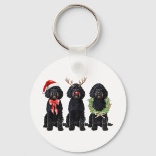 Funny Retro Santa Black Goldendoodle Dog Reindeer Keychain