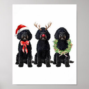 Funny Retro Santa Black Goldendoodle Dog Reindeer Poster