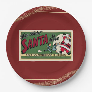 Funny Retro Santa Text Glitter Naughty or Nice Fun Paper Plate
