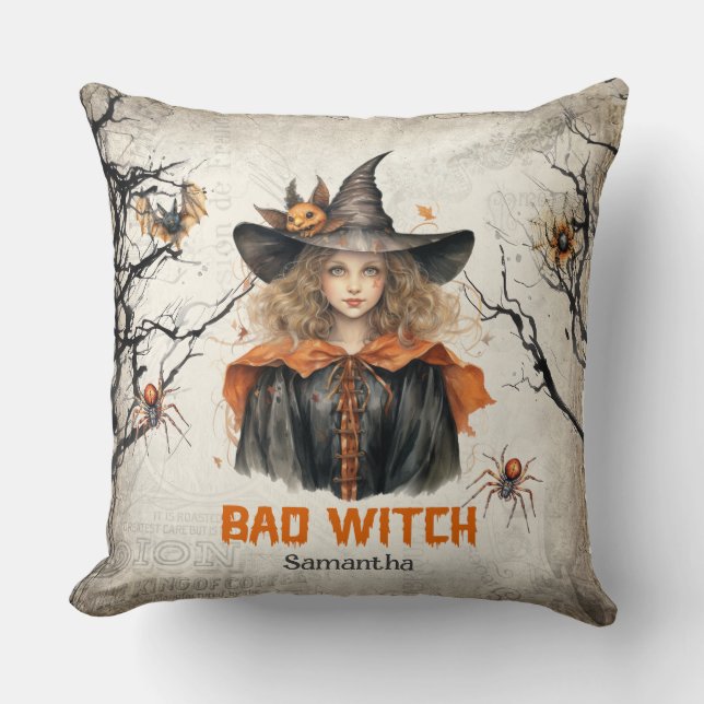 Funny retro spooky Halloween cute bad witch Throw Pillow (Front)