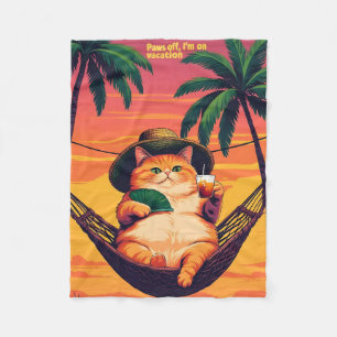 Funny Retro Summer Cat Vacation Fleece Blanket
