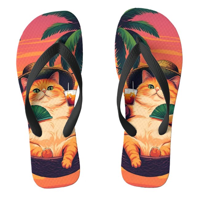 Funny Retro Summer Cat Vacation Flip Flops (Footbed)