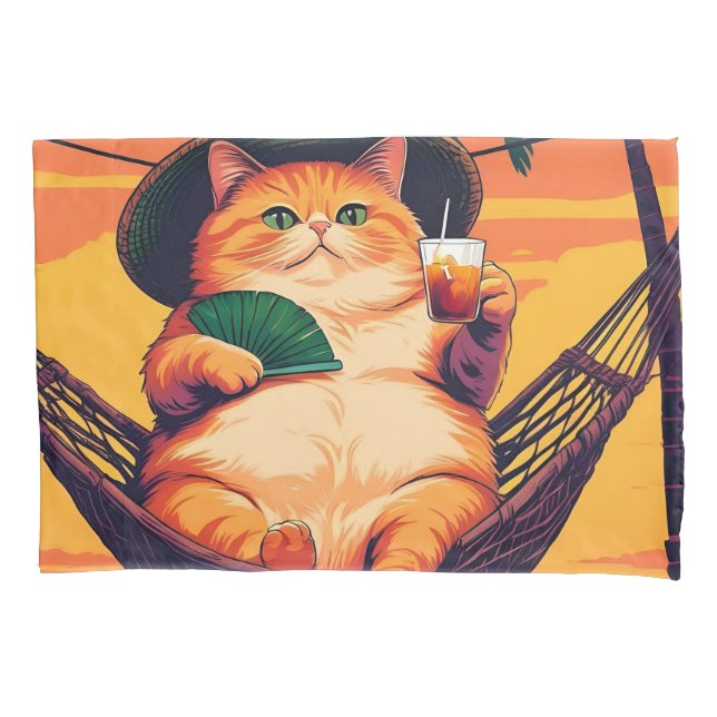 Funny Retro Summer Cat Vacation Pillowcase (Front)