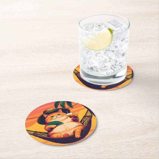Funny Retro Summer Cat Vacation Round Paper Coaster (Insitu)