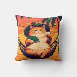 Funny Retro Summer Cat Vacation Throw Pillow