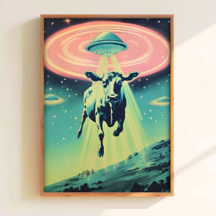 Funny Retro UFO Poster UFO Abduction Art Funny Cow