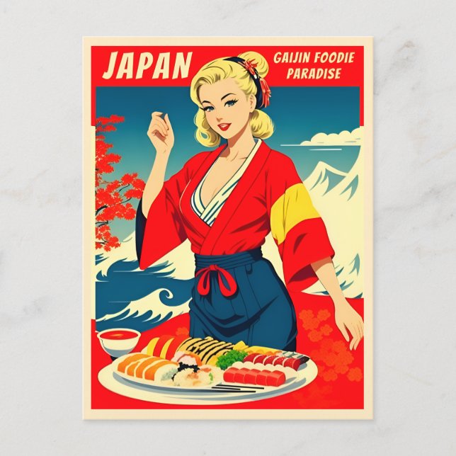 Funny Retro Vintage Travel Japan Sushi Humour Postcard (Front)