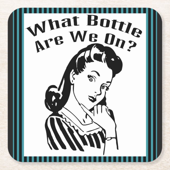 Funny Retro What Bottle Are We On? Square Paper Coaster (Front)