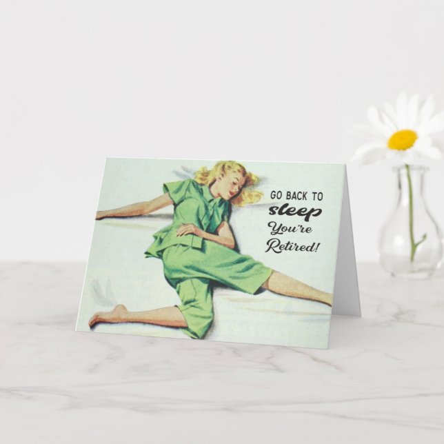 Funny retro woman in pyjamas retirement card (Small Plant)