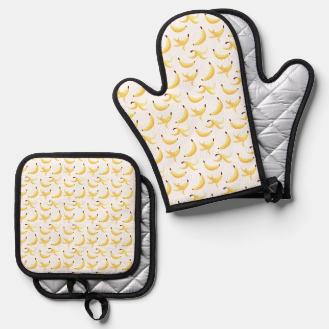 Funny Retro Yellow Banana Pattern Party Editable Oven Mitt & Pot Holder Set (Front/Back)