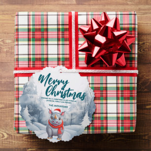 Funny Rhino Merry Xmas tree snow Holiday party Ornament Card