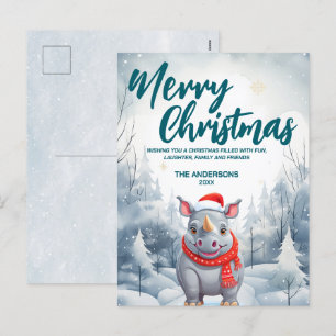Funny Rhino Merry Xmas tree snow Holiday party Postcard