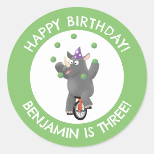 Funny rhino on unicycle personalized birthday classic round sticker