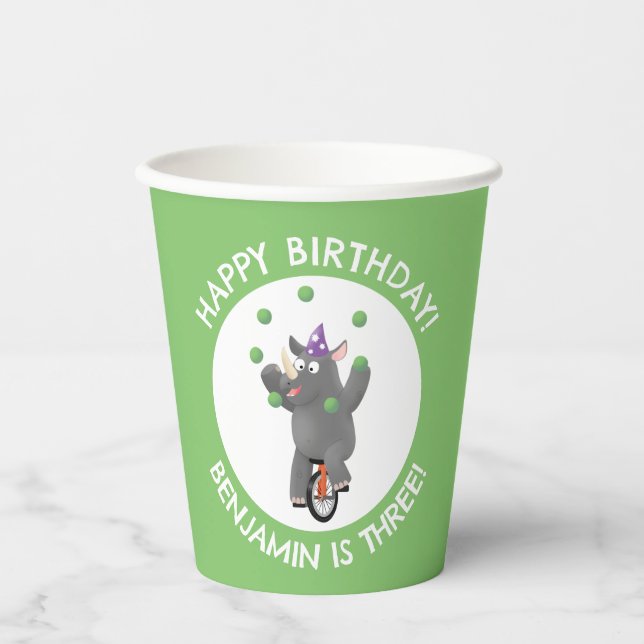 Funny rhino on unicycle personalized birthday paper cups (Front)