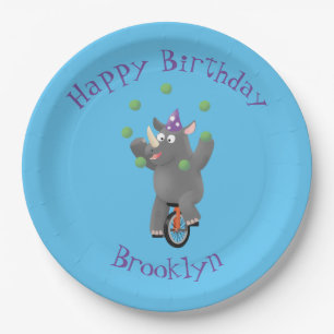 Funny rhino on unicycle personalized birthday paper plate