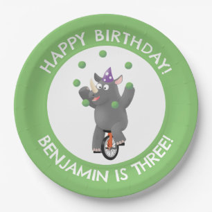 Funny rhino on unicycle personalized birthday paper plate