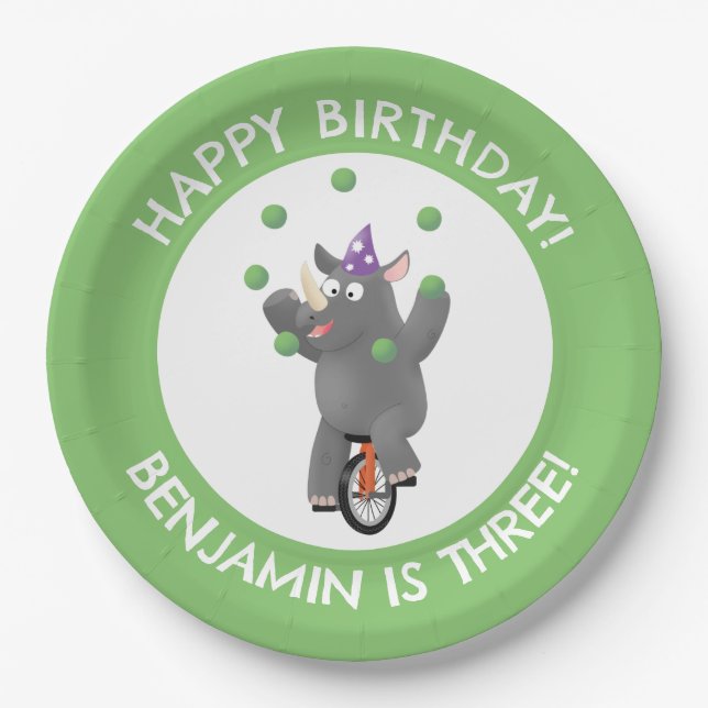 Funny rhino on unicycle personalized birthday paper plate (Front)
