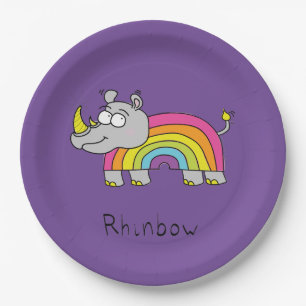 Funny Rhino Rainbow Cute Rhinoceros Kids Cartoon Paper Plate
