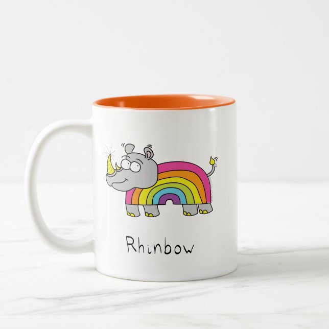 Funny Rhino Rainbow Cute Rhinoceros Kids Cartoon Two-Tone Coffee Mug (Left)