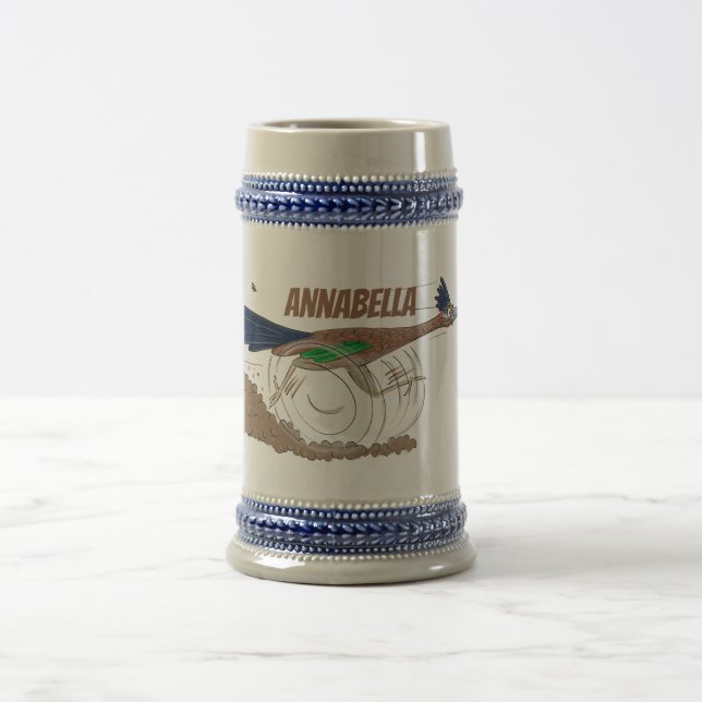 Funny roadrunner bird cartoon illustration beer stein (Center)