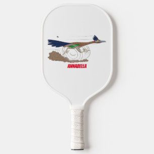 Funny roadrunner bird cartoon illustration pickleball paddle