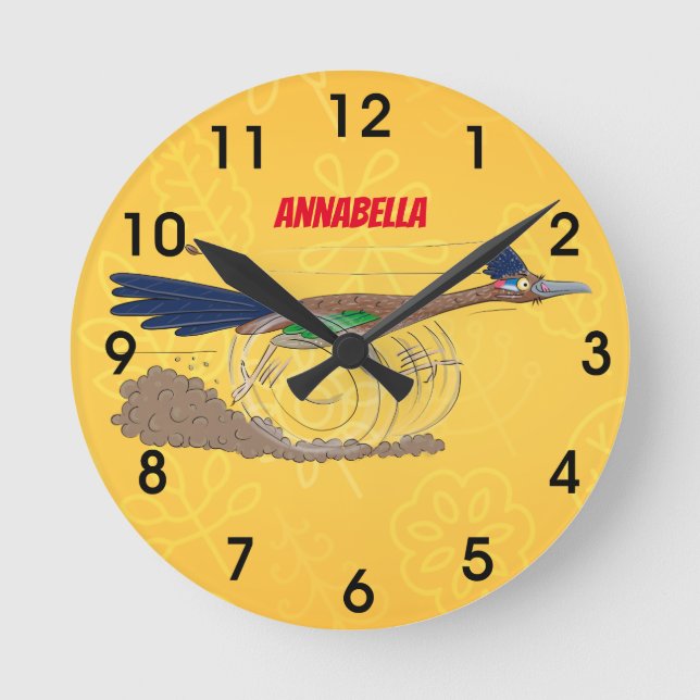 Funny roadrunner bird cartoon illustration round clock (Front)