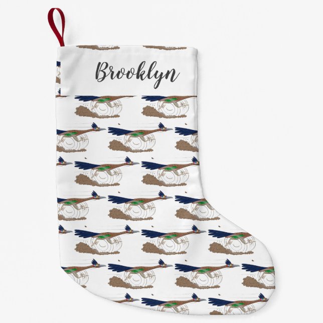 Funny roadrunner bird cartoon illustration small christmas stocking (Front)