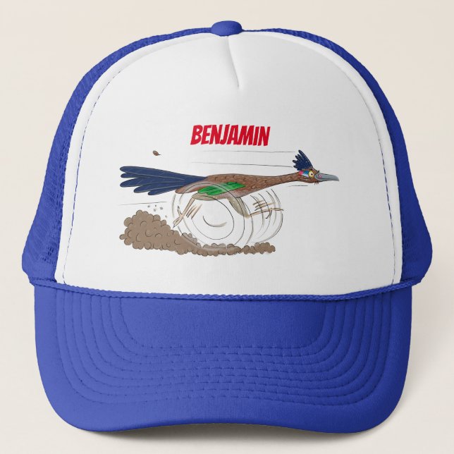 Funny roadrunner bird cartoon illustration trucker hat (Front)