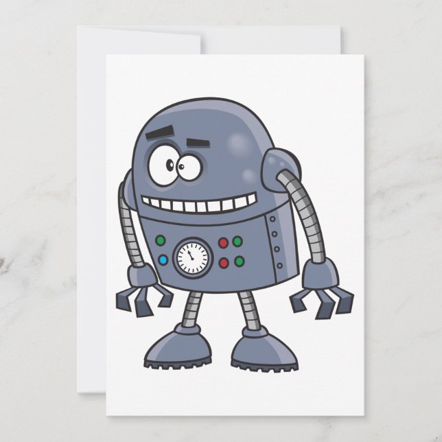 Funny Robot Character Cute Blue Retro Invitation (Front)