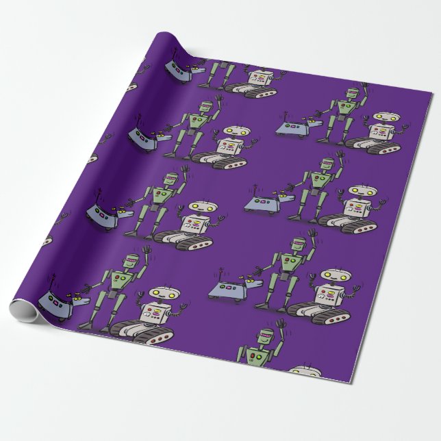 Funny robots cartoon illustration wrapping paper (Unrolled)