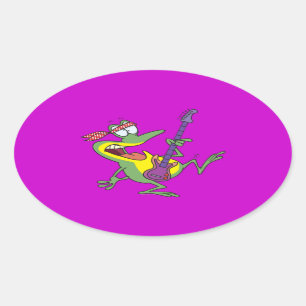 funny rock and roll bass guitar froggy frog oval sticker