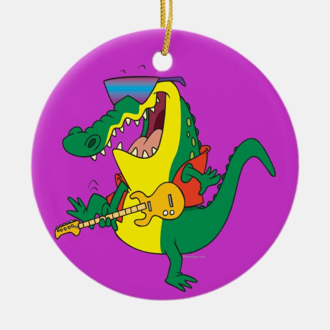 funny rock and roll crocodile music cartoon ceramic ornament (Front)