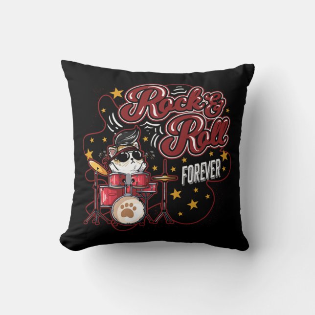 Funny Rock n Roll Forever Cool Drummer Cat Throw Pillow (Front)