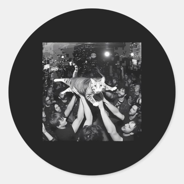 Funny Rock Show Cat Meme Cute Tabby Kitten Crowd S Classic Round Sticker (Front)