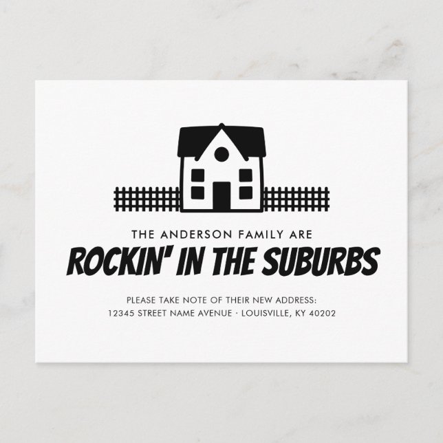Funny Rockin' in the Suburbs We've Moved Moving Announcement Postcard (Front)