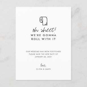 Funny Roll With It New Date Wedding Postponement Announcement Postcard
