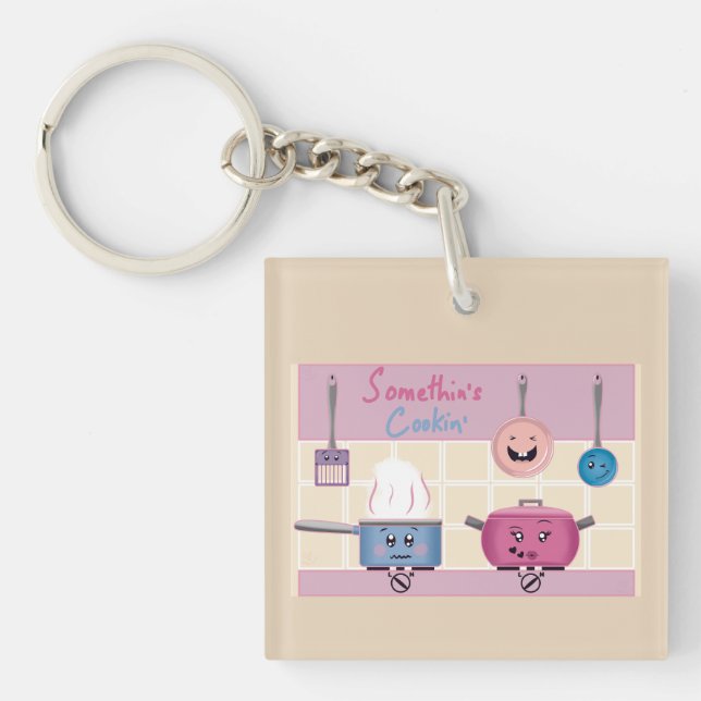 Funny Romantic Kitchen Scene with Cooking Utensils Keychain (Front)