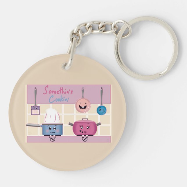 Funny Romantic Kitchen Scene with Cooking Utensils Keychain (Back)