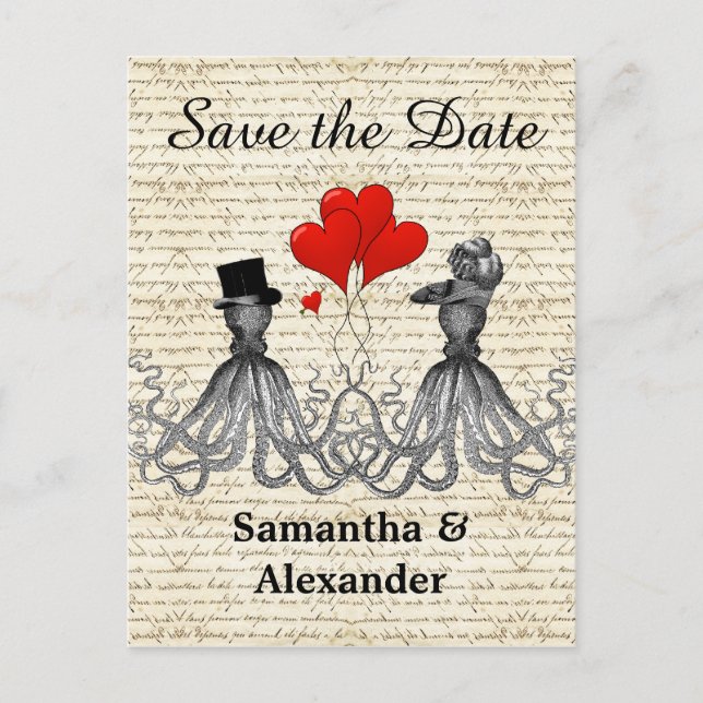 Funny romantic octopus steampunk save the date announcement postcard (Front)