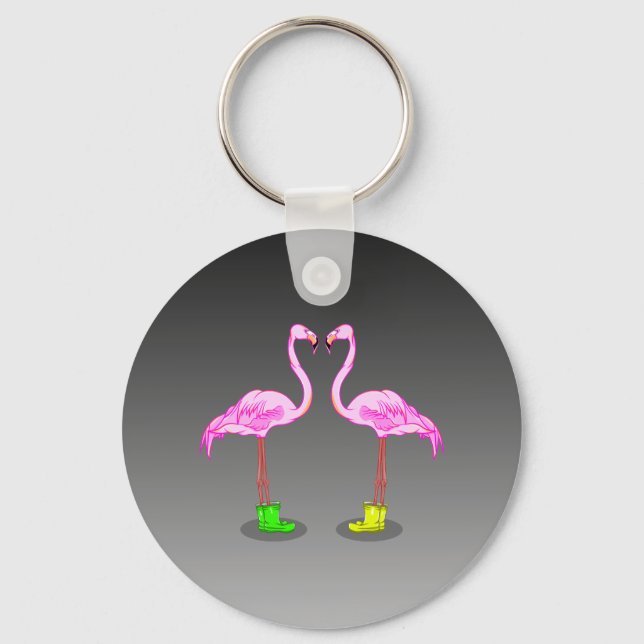 Funny Romantic Pink Flamingos Wearing Boots Keychain (Front)