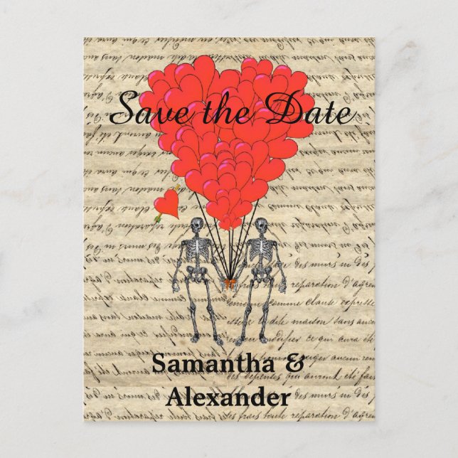 Funny romantic skeleton save the date announcement postcard (Front)